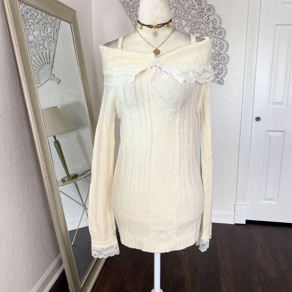 Kawaii Babe Cream Lace Trim Coquette Knit Off-Shoulder Mini Sweater / Dress M - Picture 2 of 8